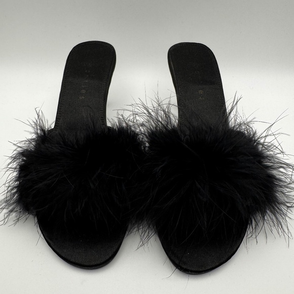 Black Feathered Satin Mules Sandals Size 6, Mantles Lingerie Dress Slippers - Picture 3 of 14